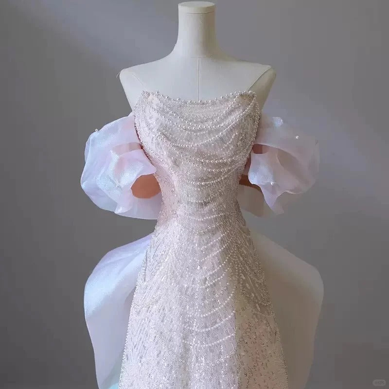 Girlhomeshops - Wunderschönes, rosa, funkelndes, langes, bodenlanges Tüllkleid mit Perlenverzierung, gh5315