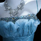 Ice Blue Mystery - Spaghetti Strap Beaded Ruched Mermaid Gown, Tulle Train Elegant Dress. gh7088