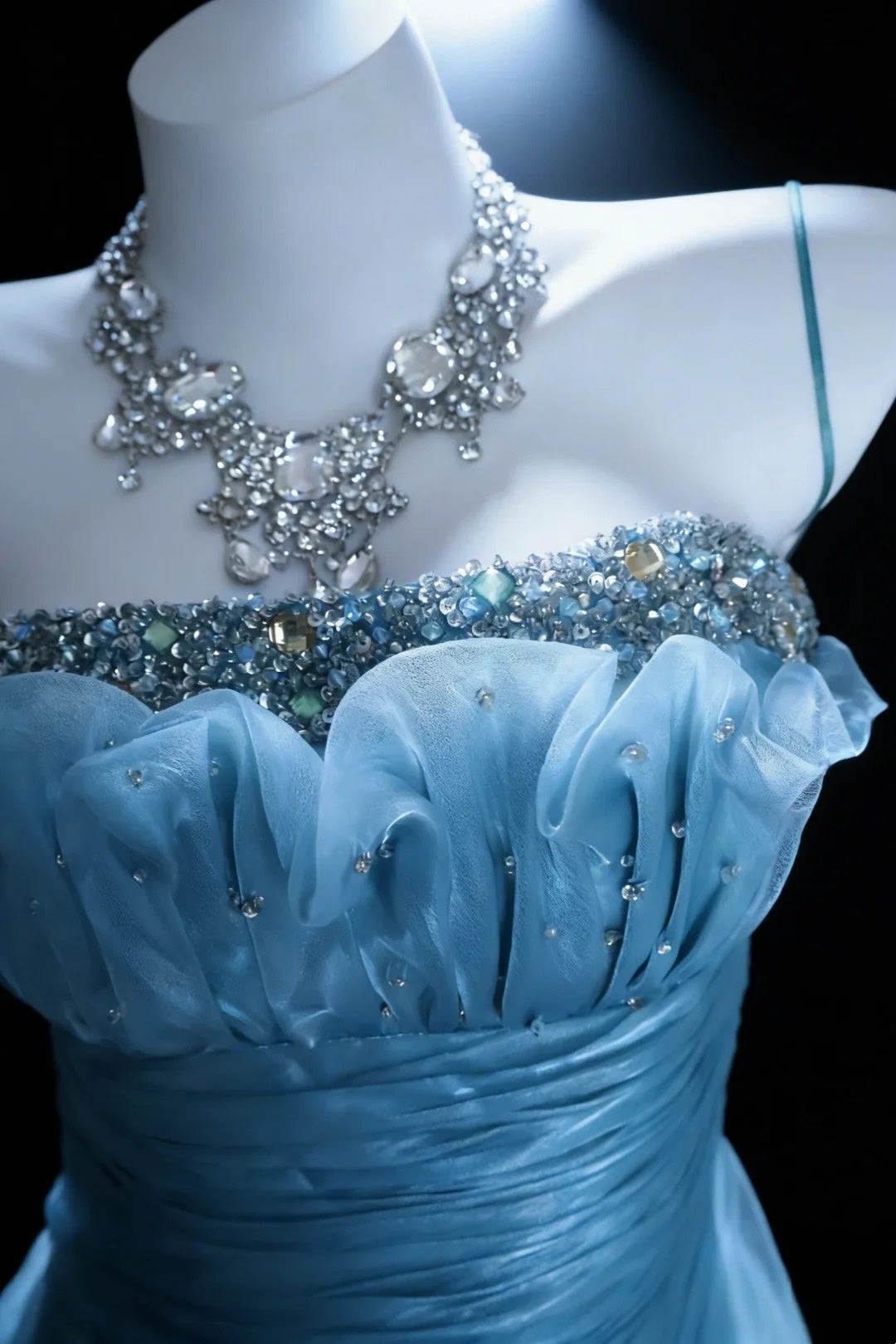 Ice Blue Mystery - Spaghetti Strap Beaded Ruched Mermaid Gown, Tulle Train Elegant Dress. gh7088