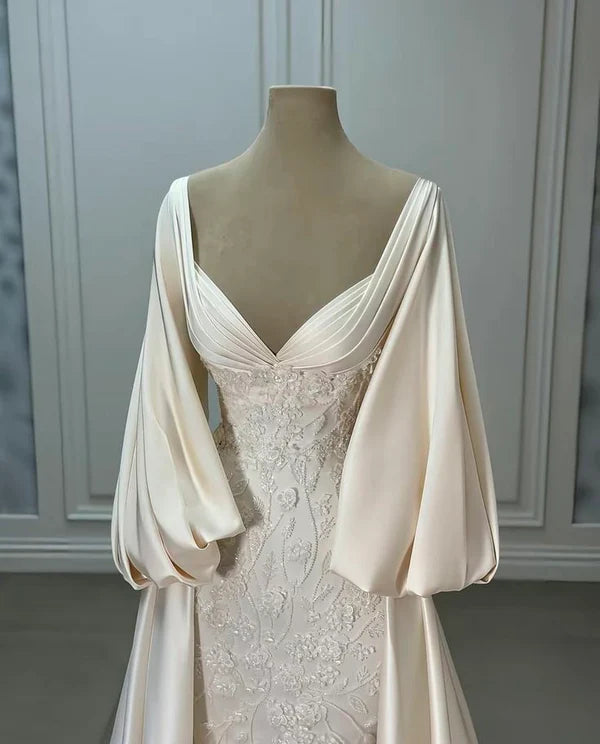 Girlhomeshops - Robe de mariée longue en satin blanc ivoire à manches longues, longueur au sol, robe de bal gh5390
