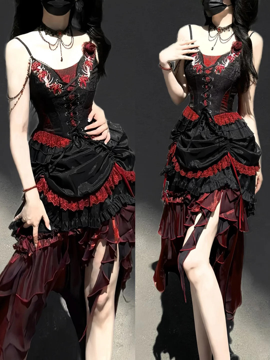 Girlhomeshops-Schwarz rot elegante lange Korsett Tüll Ballkleid Abendkleid gh5345