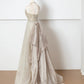 Champagne gold shining elegant tulle long prom dress evening dress party dress gh4870