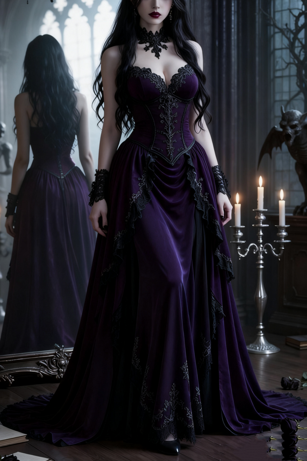 girlhomeshops-Langes, bodenlanges Ballkleid aus lila Samt mit Schleppe gh5942