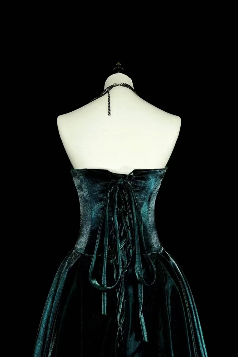 girlhomeshops-Teal Velvet Beaded Strapless Sleeveless Floor-Length Gothic Gown gh6318