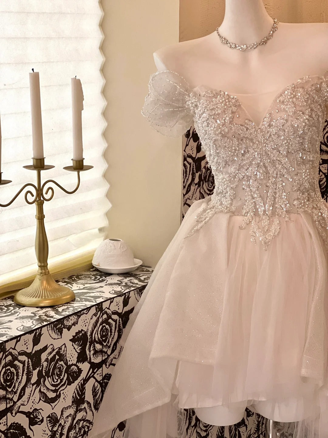 White Sparkly Beaded Short Tulle Cute Sweet Homecoming Dress Birthday Party Dress Wedding Dress gh4263