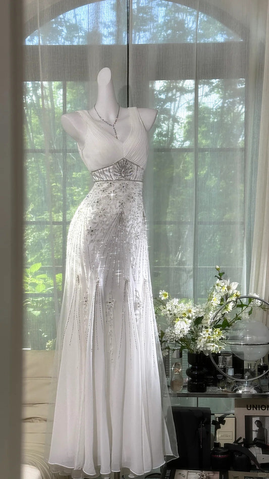 Girlhomeshops-White exquisite beaded long fairy chiffon Prom Dress evening dress party dress gh5077