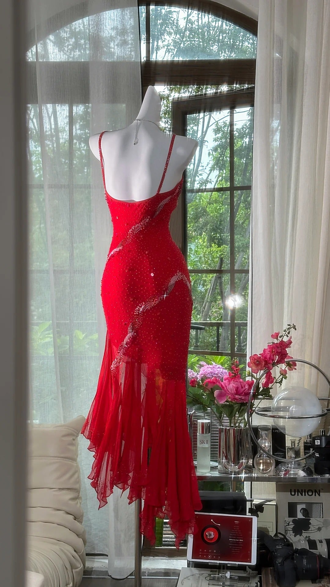 Red shiny beaded long chiffon ball gown evening dress party dress date dress prom dress gh4678