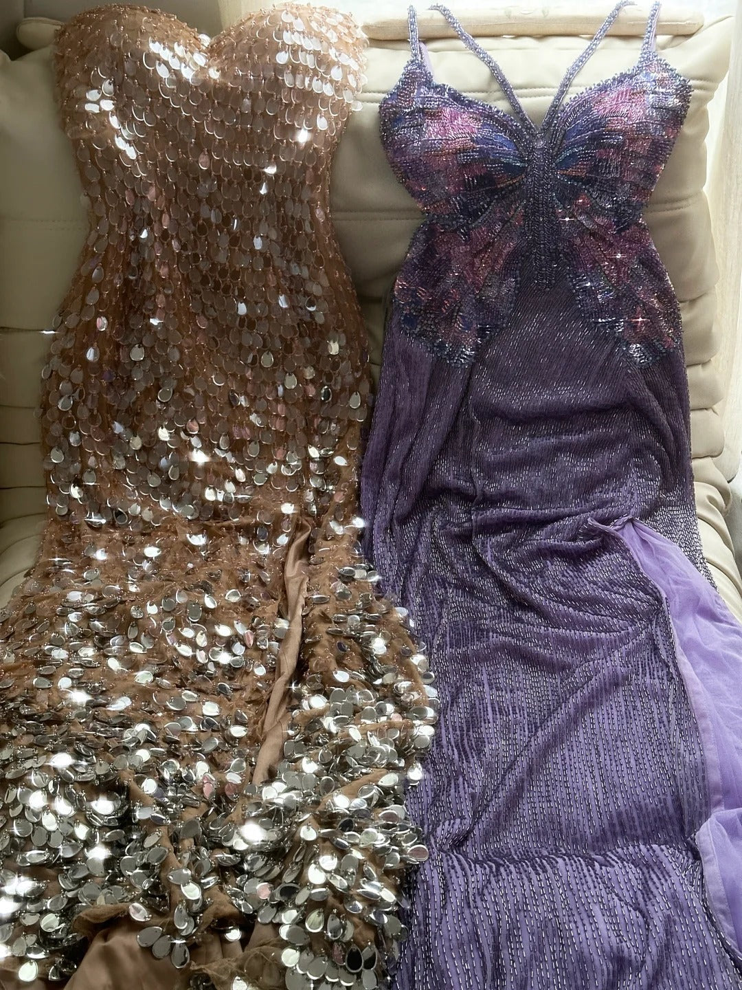 （Out of stock）Purple Shiny Gorgeous Luxury Sequin Heavy Spaghetti Strap Long Butterfly Decoration Sequin Chiffon Ball Gown Evening Gown Party Dress gh4175