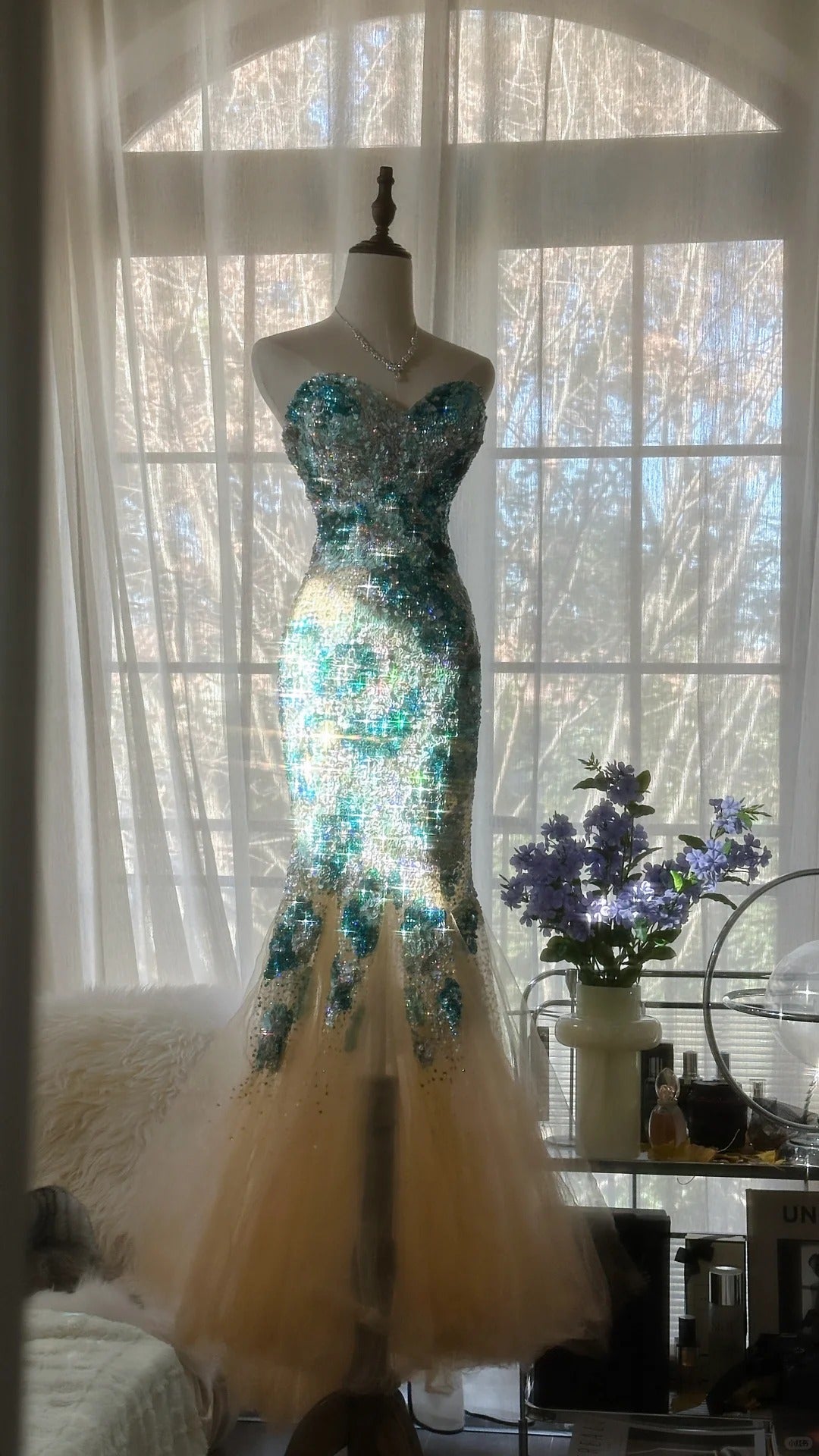 Blue Gorgeous Shiny Exquisite Beaded Long Chiffon Tulle Sequin Ball Gown Evening Gown Party Gown Birthday Gown Date Gown gh4162