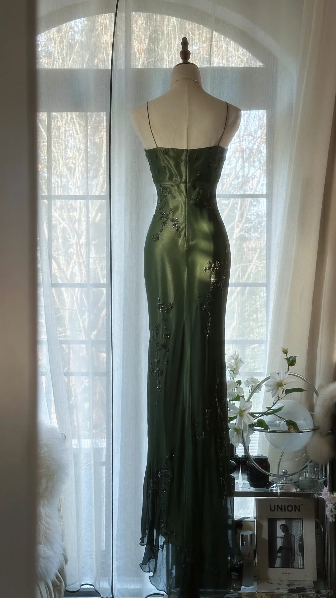 Robe de soirée longue en mousseline de soie, élégante et verte, avec perles, sans bretelles, pour anniversaire ou fête, gh4066