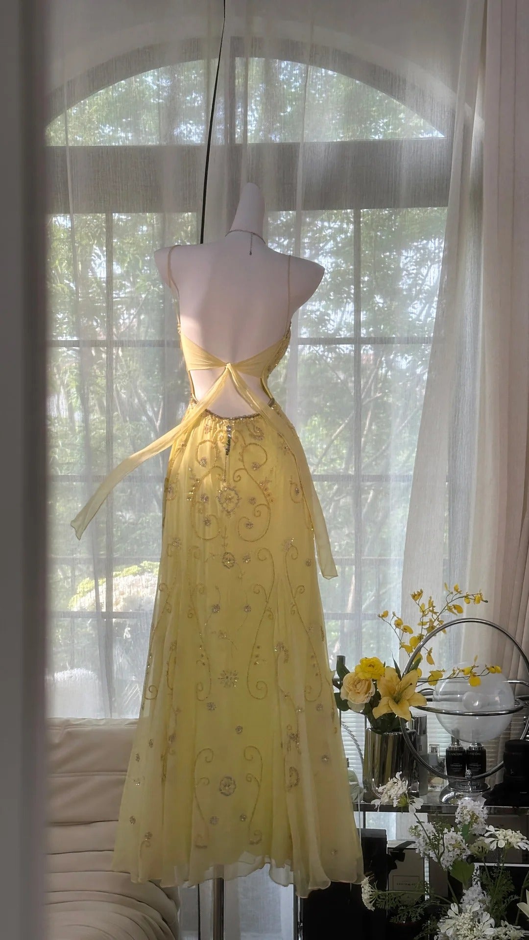 Yellow Gorgeous Exquisite Beaded Backless Spaghetti Strap Long Chiffon Ball Gown Evening Dress Birthday/Holiday Party Dress Prom Dress gh4063
