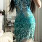 girlhomeshops-Teal-Green Gradient Sequin Halter-Neck Deep V Short Fashion Party Gown gh6380