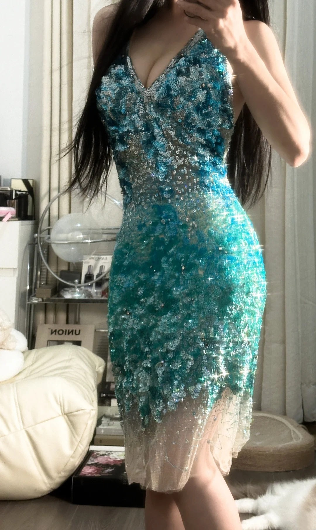 girlhomeshops-Teal-Green Gradient Sequin Halter-Neck Deep V Short Fashion Party Gown gh6380
