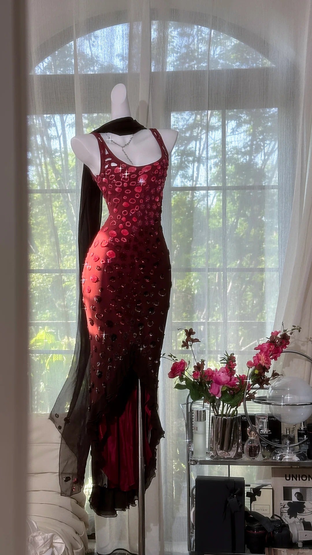 Girlhomeshops-Burgundy beaded elegant long chiffon Prom dress evening dress party dress gh5165