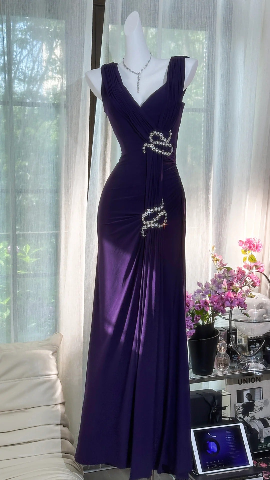 Purple Rhinestone Long Chiffon Ball Gown Evening Dress Party Dress Date Dress Prom Dress gh4677