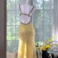 Light Yellow Gorgeous Shiny Fashion Elegant Exquisite Beaded Long Tulle Backless Fairy Ball Gown Evening Dress Birthday/Wedding Guest/Holiday Party Dress Prom Dress Valentine's Day Date Dress gh4034