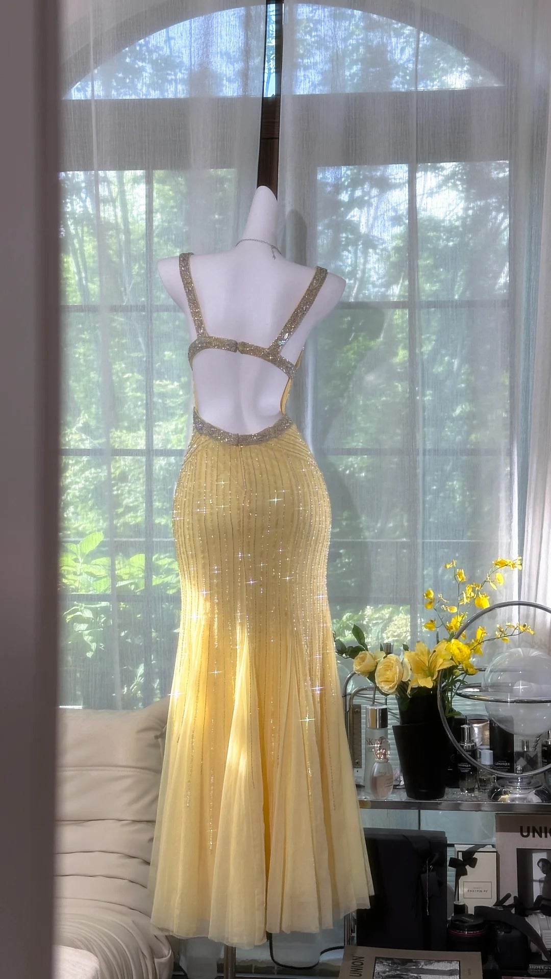 Light Yellow Gorgeous Shiny Fashion Elegant Exquisite Beaded Long Tulle Backless Fairy Ball Gown Evening Dress Birthday/Wedding Guest/Holiday Party Dress Prom Dress Valentine's Day Date Dress gh4034
