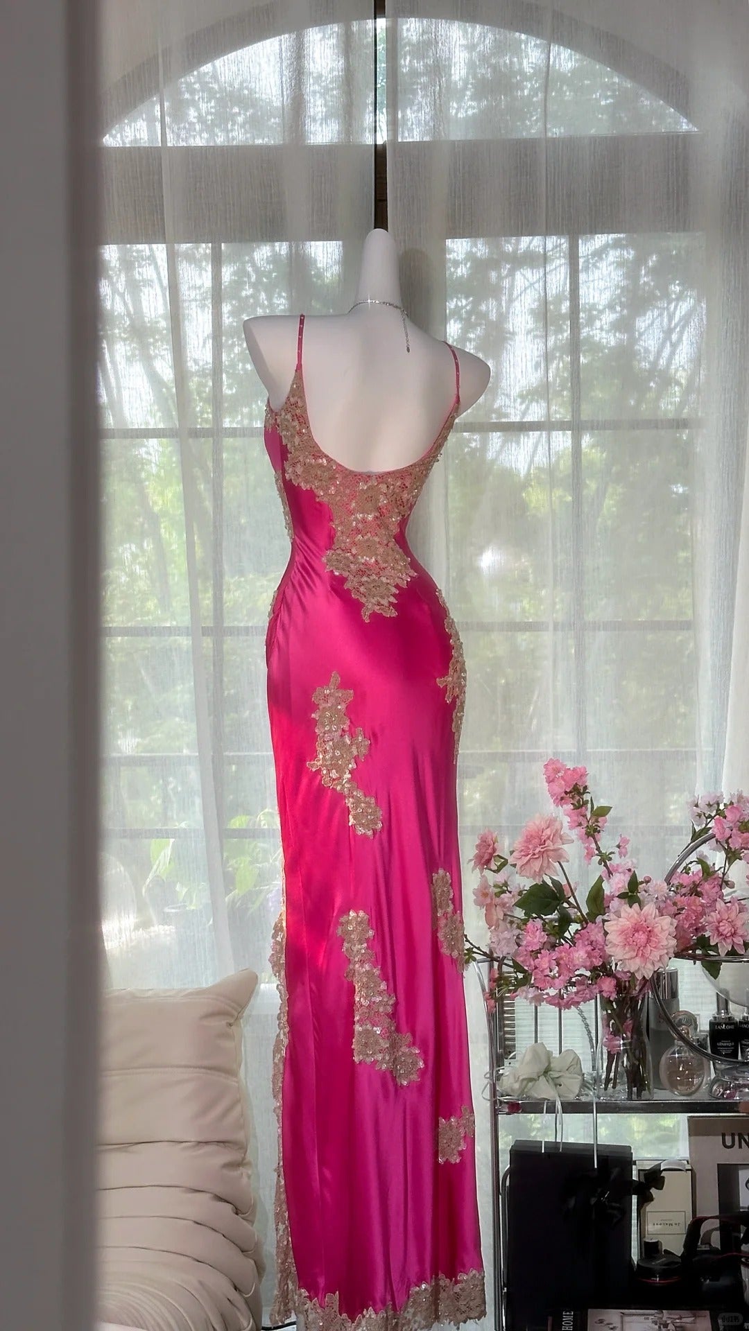 Pink floral ball gown long satin date dress evening dress birthday dress wedding dress gh4533