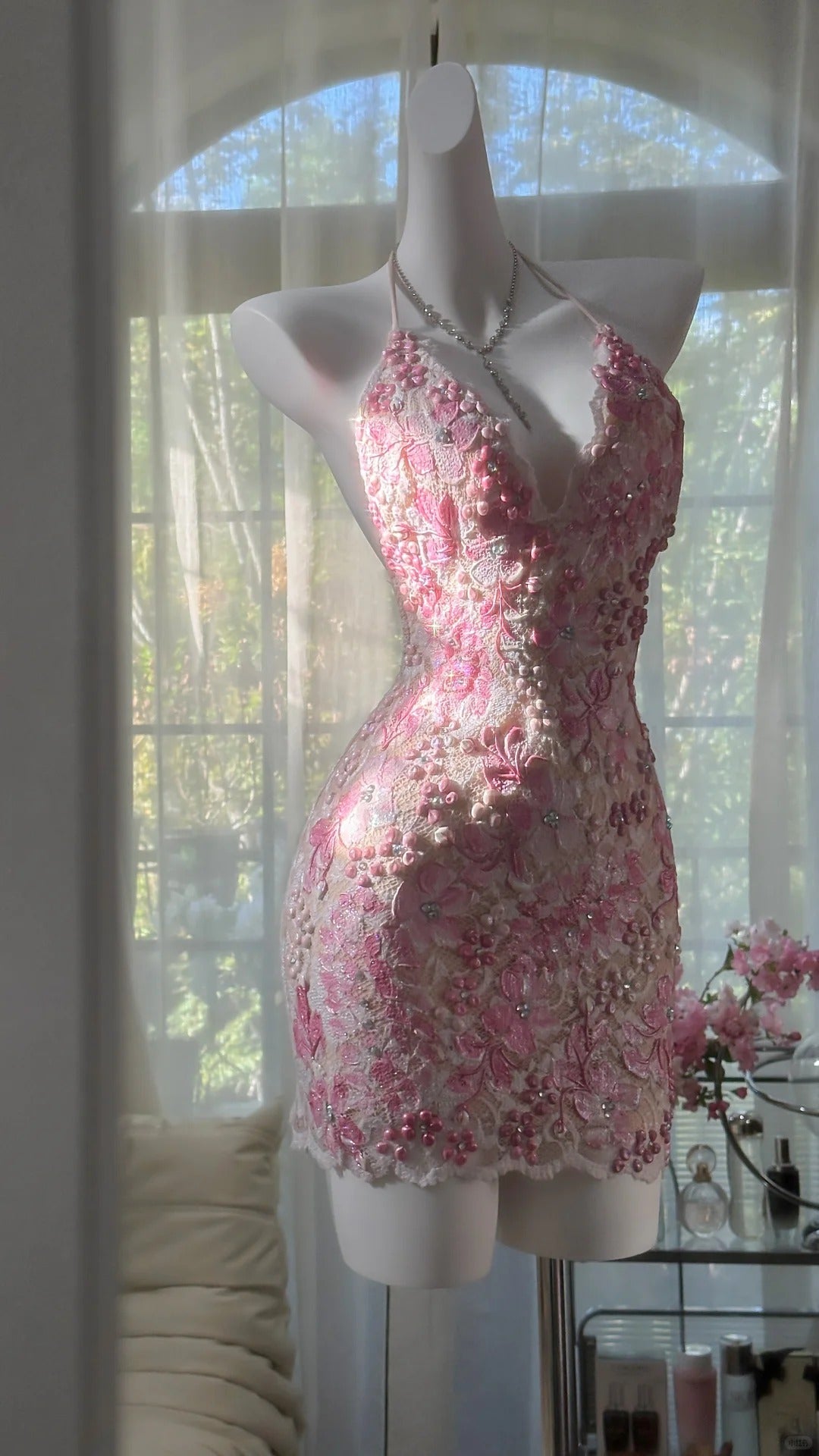 girlhomeshops-New Pink Floral Exquisite Beaded Short Lace Homecoming Dress Birthday Party Dress gh5803