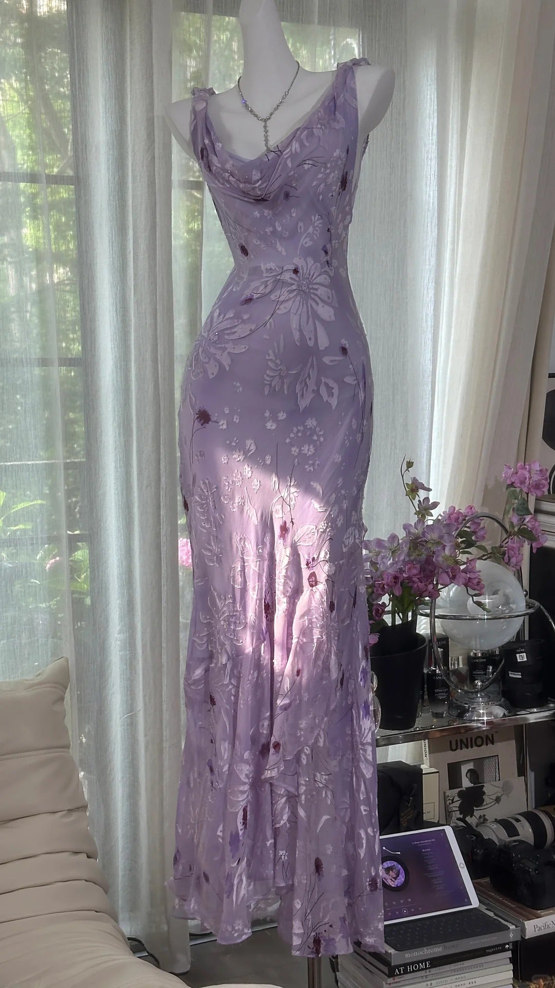 Girlhomeshops-Purple Floral Elegant Long Chiffon Prom dress Evening Dress Party Dress Date Dress gh5080