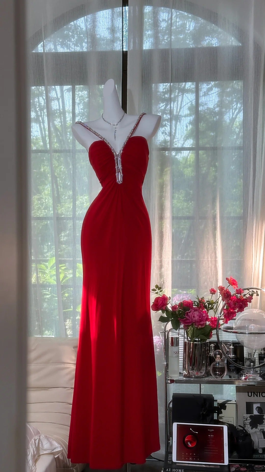 Red rhinestone long satin ball gown evening dress party dress date dress prom dress gh4679