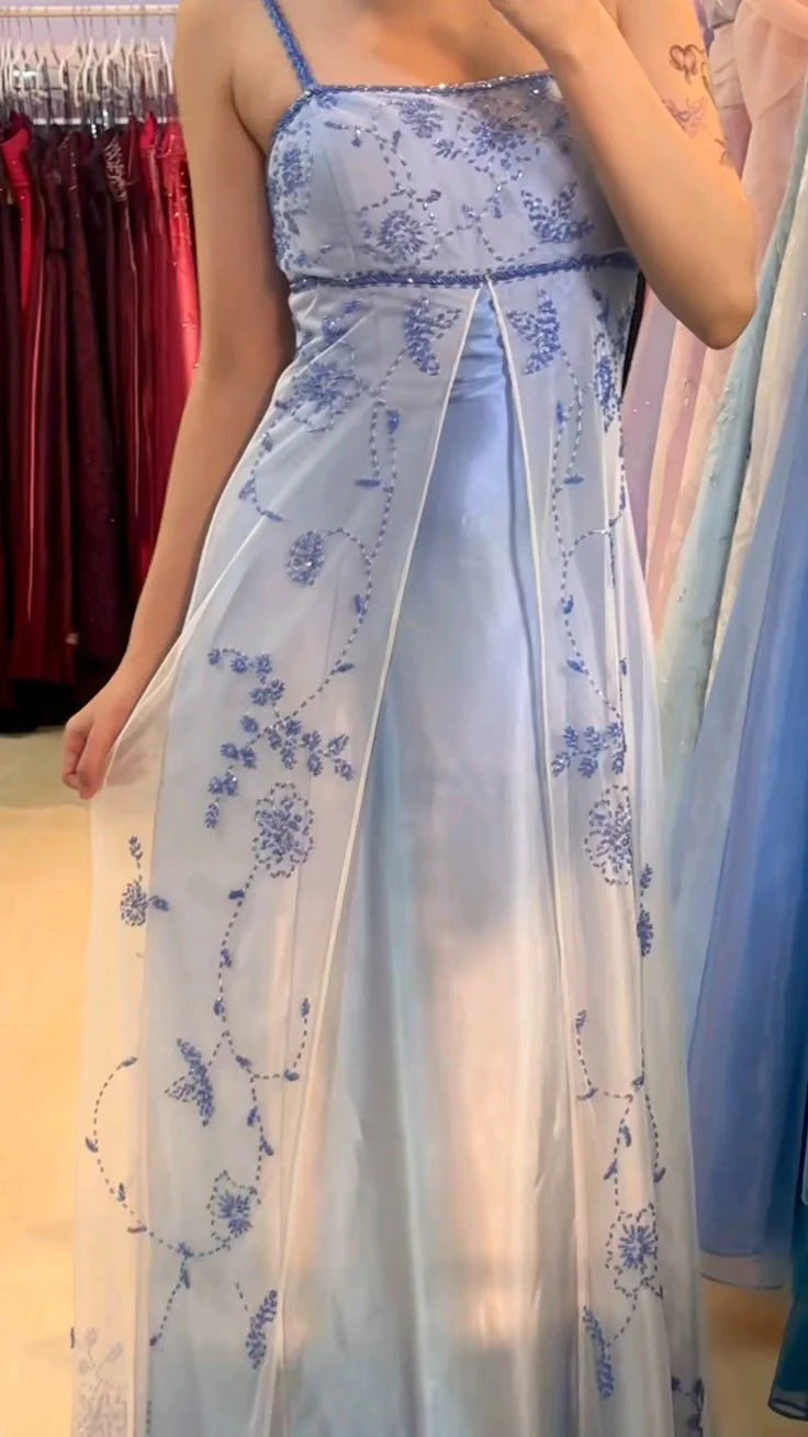 Girlhomeshops – Blau-weißes, exquisites, florales Trägerkleid, modisches, langes, bodenlanges Tüll-Ballkleid, Abschlussballkleid, gh5520