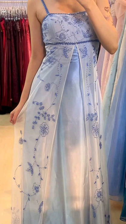 Girlhomeshops – Blau-weißes, exquisites, florales Trägerkleid, modisches, langes, bodenlanges Tüll-Ballkleid, Abschlussballkleid, gh5520