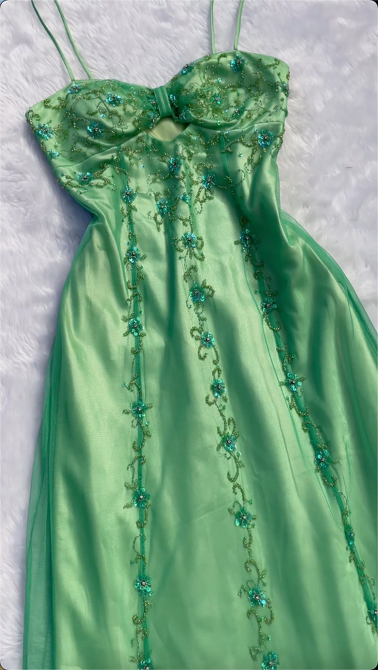Robe de soirée longue en satin et tulle, élégante et délicate, motif floral, avec perles, style Green Fashion, gh3703