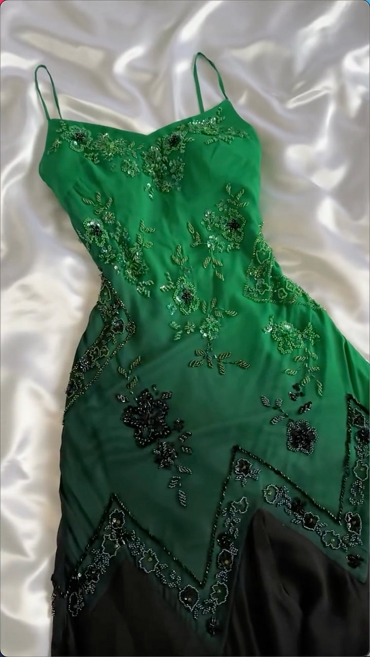 Green shiny fashion exquisite beading spaghetti straps long chiffon ball gown evening dress party dress gh3404