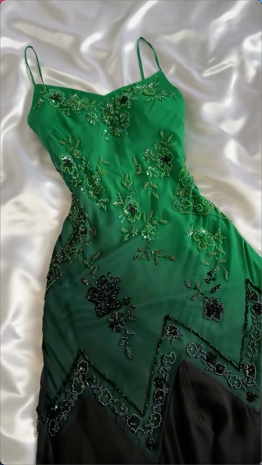 Grüner Farbverlauf, modisch, exquisites, mit Perlen besetztes langes Tüll-Ballkleid, Abendkleid, Partykleid gh3228