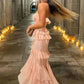 Pink Chiffon Ruffles Long Flowing Elegant Evening Dress Wedding Guest Party Dress Holiday Party Dress gh3138