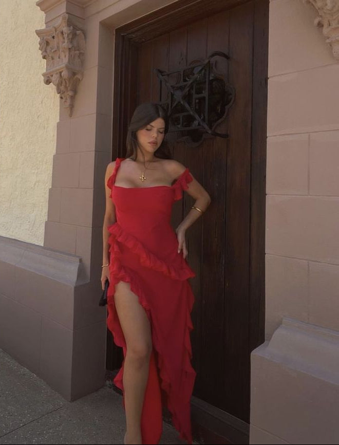 Red square neck spaghetti straps long chiffon ruffles elegant sexy slit ball gown evening dress wedding guest party dress gh3323