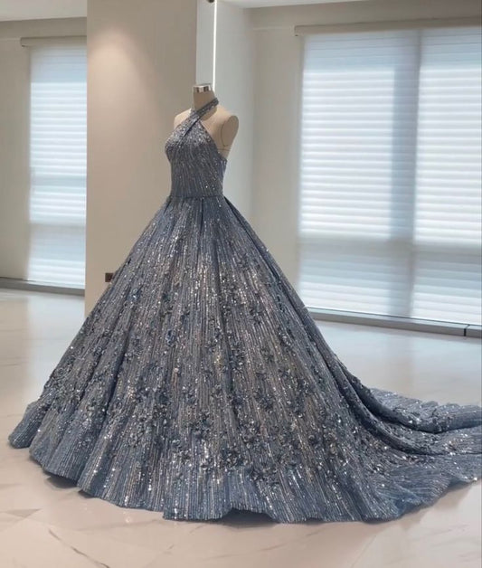 Robe de soirée longue en tulle bleu brillant et exquise avec bretelles perlées gh3349