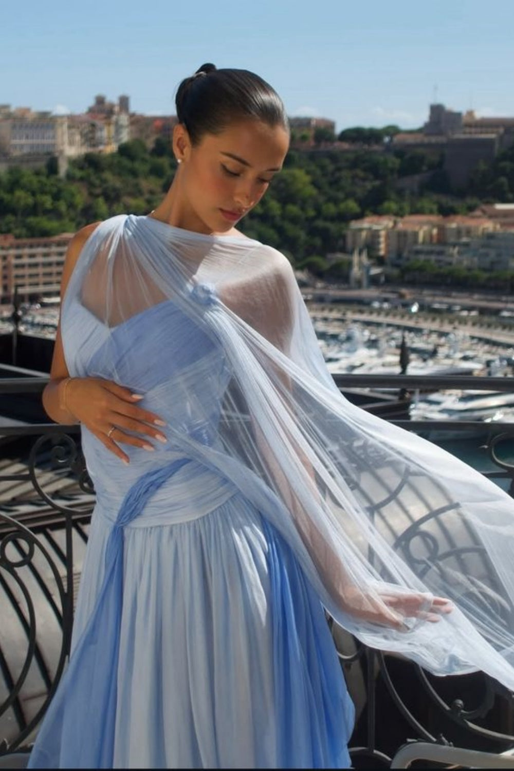 girlhomeshops-(Includes Scarf)Soft Blue Elegant Classic Dress Gradient Dress gh6327