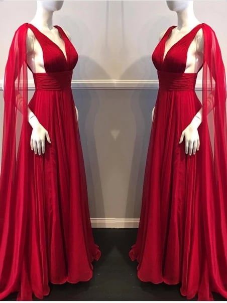 Girlhomeshops-Rotes, modisches, bodenlanges Ballkleid aus Tüll mit V-Ausschnitt, Abendkleid gh5425