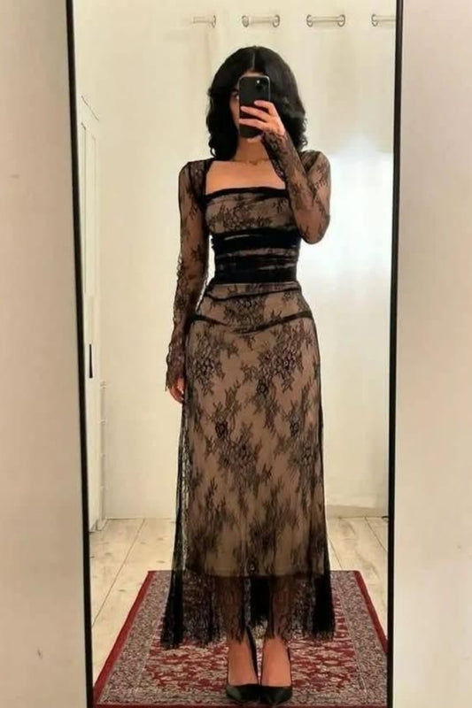 Vintage Elegant Coffee-Black Lace Dress | Velvet Waist Square Neck Maxi Dress, Gala Friends Gathering Fashion Outfit gh6451