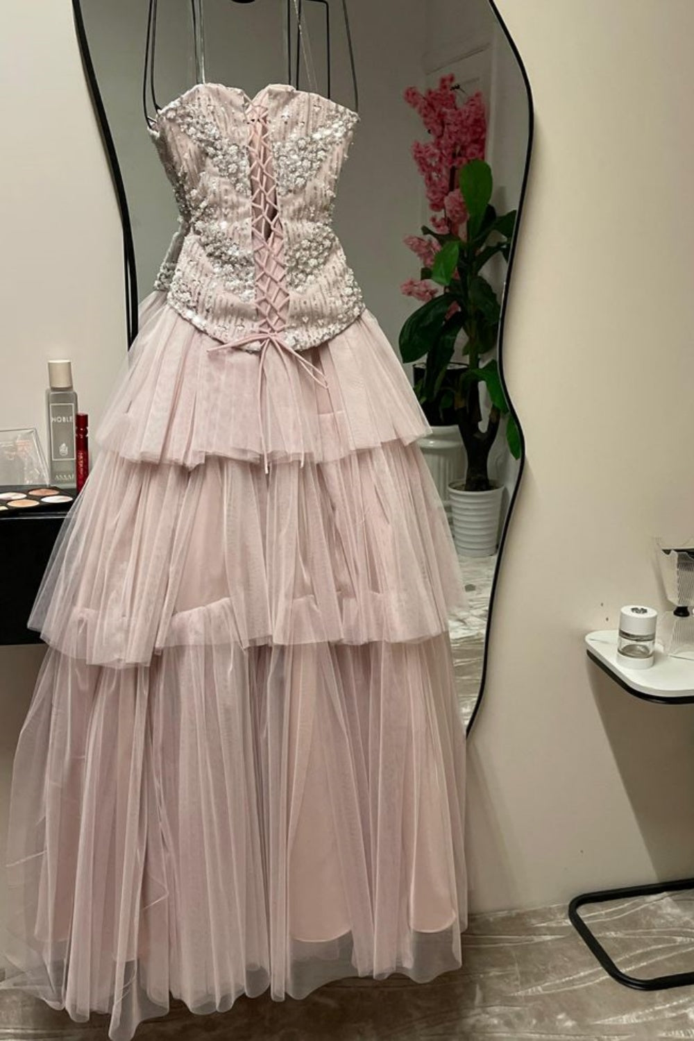 Pink, Delicately Beaded, Long Tulle Formal Evening Gown gh6718