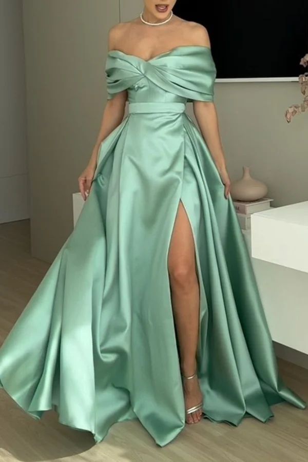 girlhomeshops-Grünes elegantes langes Satin-Ballkleid gh5957