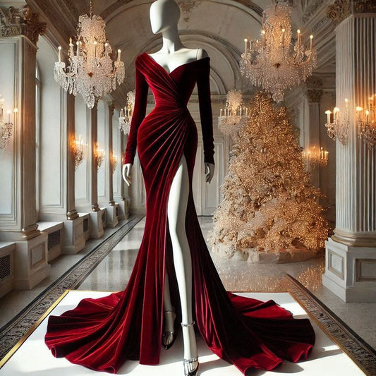 Girlhomeshops - Burgunderrotes, modisches, langes Ballkleid aus Samt mit Schlitz und langen Ärmeln, gh5426