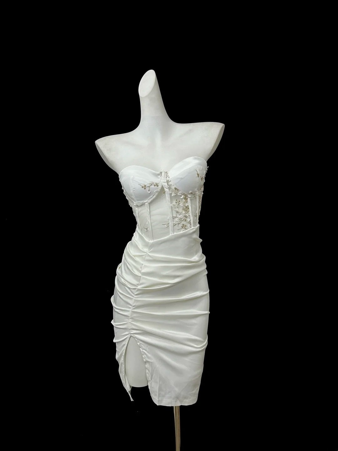 Robe de soirée courte en satin blanc à perles, robe de bal, robe de soirée, gh4831