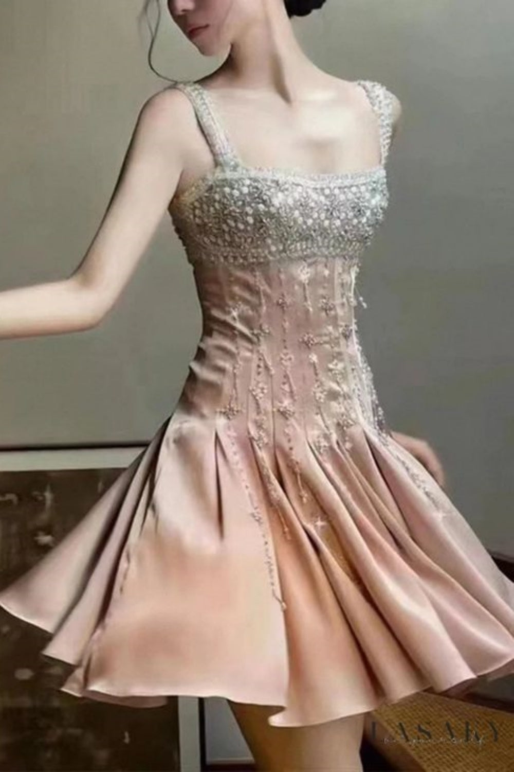 Girlhomeshops - Rosa, wunderschönes, exquisites, kurzes Satin-Heimkehrkleid mit Perlen, Geburtstagskleid gh5306