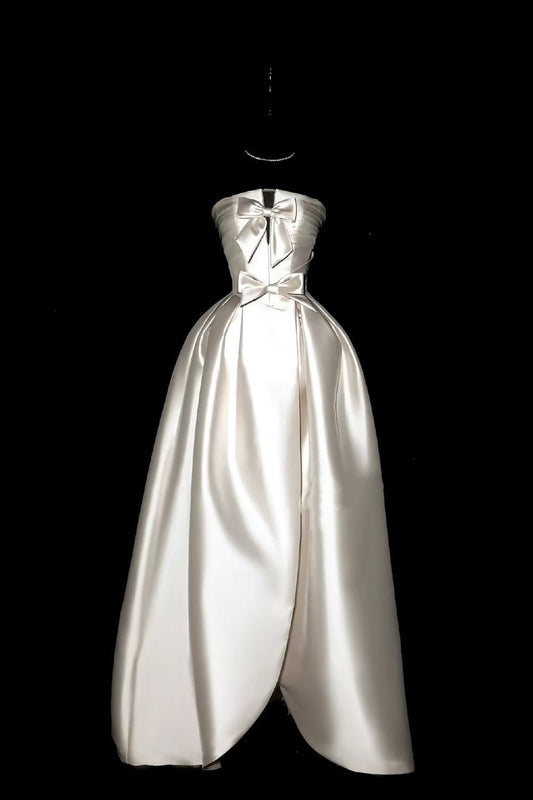 Girlhomeshops - Robe de mariée longue en satin blanc ivoire avec nœud, robe de bal gh5389