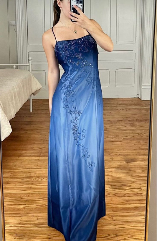 Navy Blue Fashion Ombre Exquisite Beading Elegant Spaghetti Strap Long Satin Ball Gown Evening Dress Party Dress Prom Dress gh3781