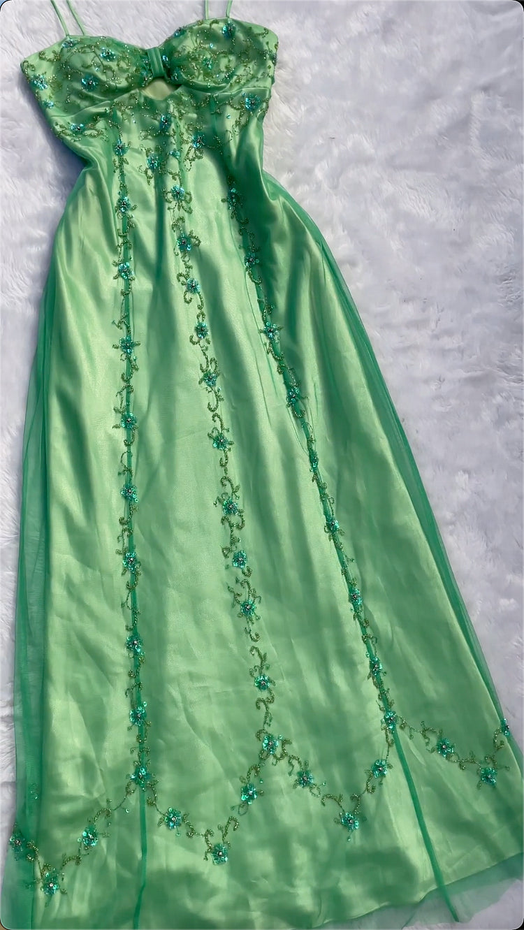 Robe de soirée longue en satin et tulle, élégante et délicate, motif floral, avec perles, style Green Fashion, gh3703