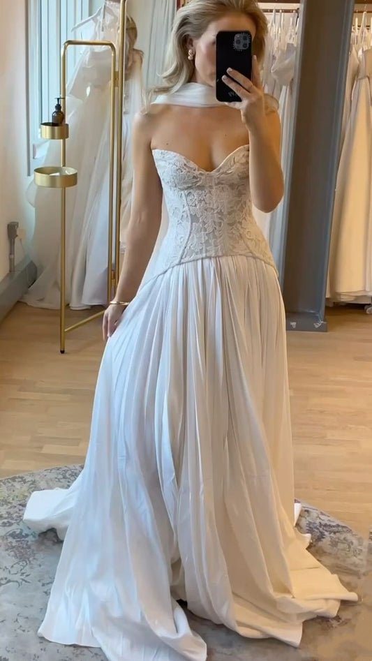 girlhomeshops-White, delicate lace long gown for bride gh6174