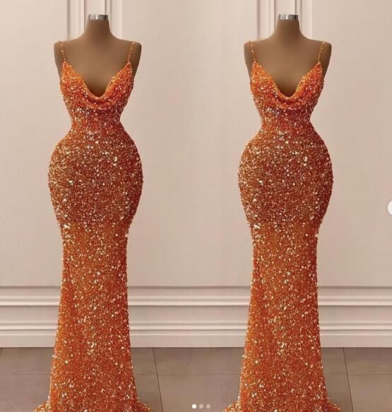 Orange gorgeous shiny V-neck mermaid slim spaghetti straps long sequined ball gown evening dress party dress gh2070