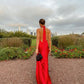 Red simple elegant ribbon backless long slit sexy satin ball gown evening dress wedding guest dress gh3054