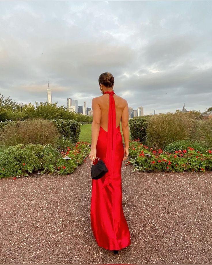 Red simple elegant ribbon backless long slit sexy satin ball gown evening dress wedding guest dress gh3054