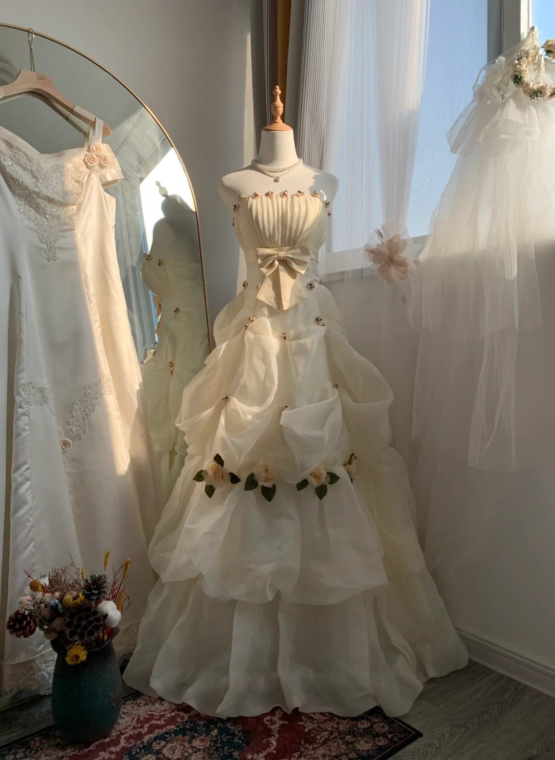 Robe de soirée élégante et exquise en tulle, longueur au sol, à volants, motif floral, ivoire, gh4133