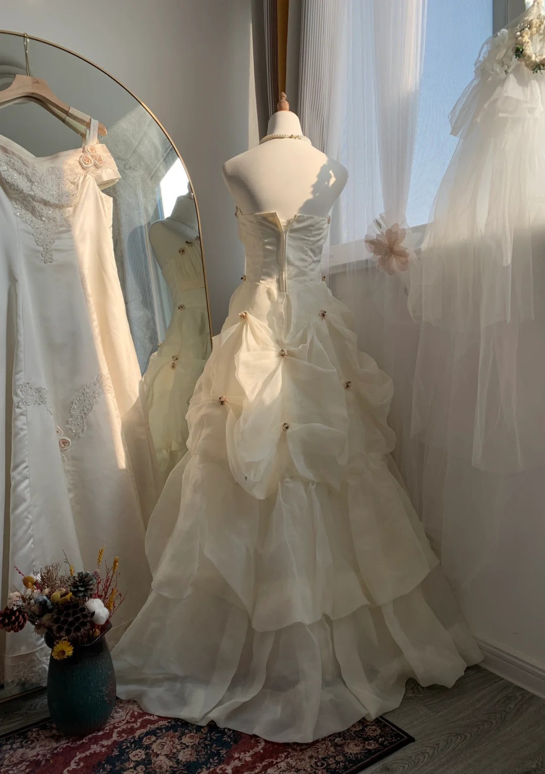 Robe de soirée élégante et exquise en tulle, longueur au sol, à volants, motif floral, ivoire, gh4133